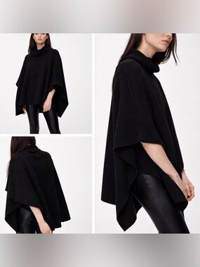 Aritzia 100% Italian Wool Black Ribbed Turtleneck Poncho SZ Small/Med